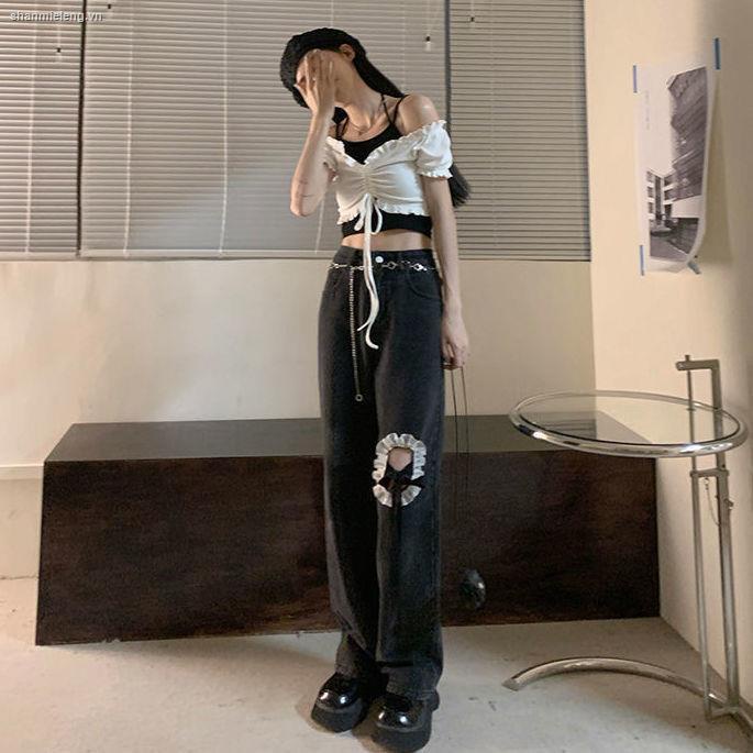 Áo thun/ Quần jean dài lưng cao phối nơ thiết kế đường phố thời trang mùa hè mới cho nữ 2021 | BigBuy360 - bigbuy360.vn