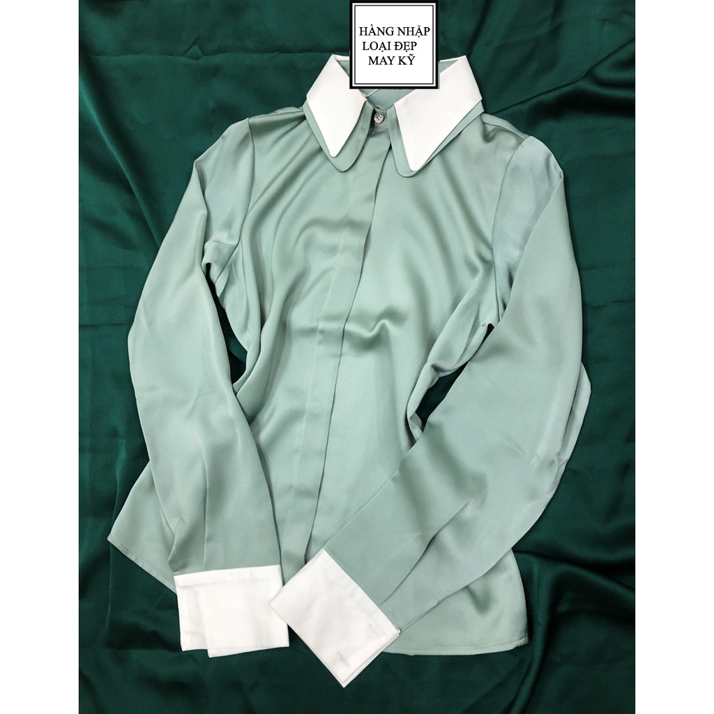 Áo sơ mi nữ cổ đức màu xanh 👉lụa đẹp👉 ảnh thật | BigBuy360 - bigbuy360.vn