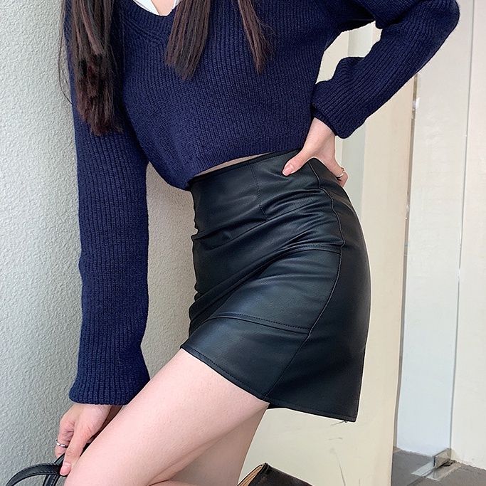 Chân váy Suxi da pu lưng cao dáng chữ A thời trang thu đông Hàn Quốc