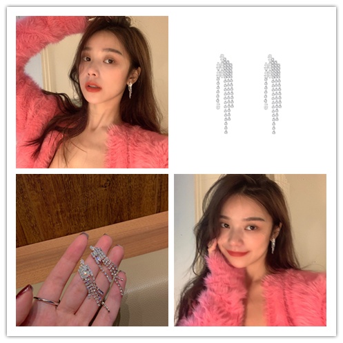 Bông Tai Mạ Bạc 925 Dáng Dài Đính Đá Zircon Phong Cách Hàn Quốc Thời Trang Cho Nữ