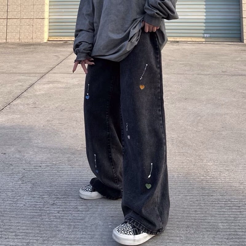 Quần bò jeans ống rộng oversize thêu hình trái tim form rộng hiphop siêu chất ❤️