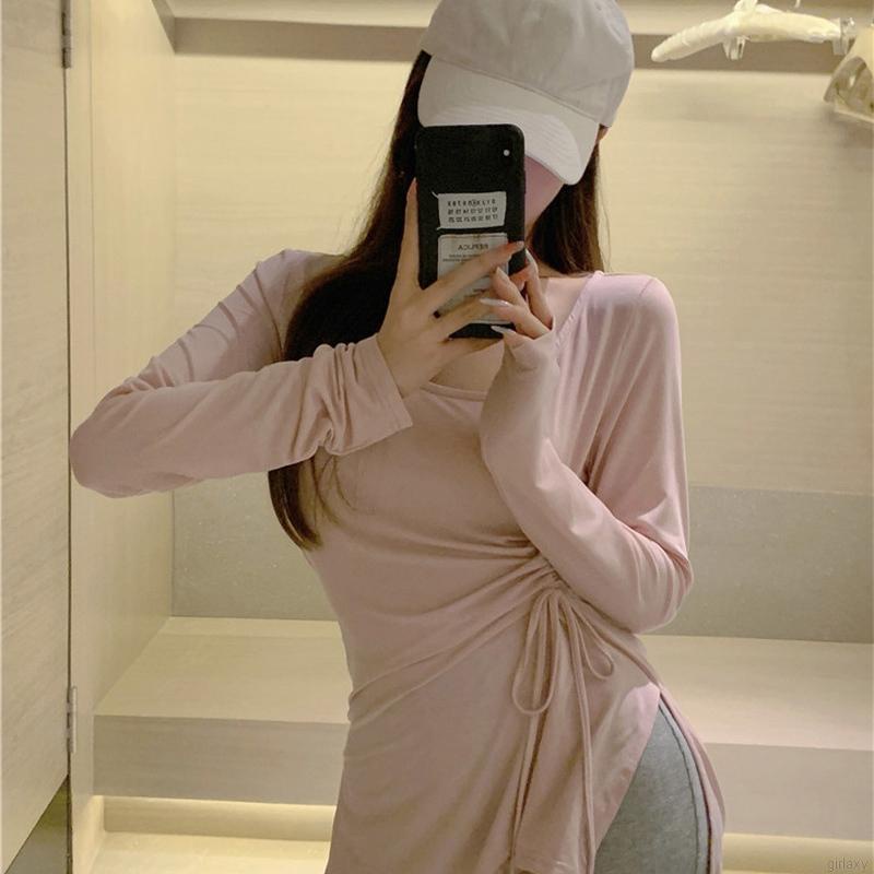 Áo thun tay dài cổ tròn màu sắc thời trang cho nữ