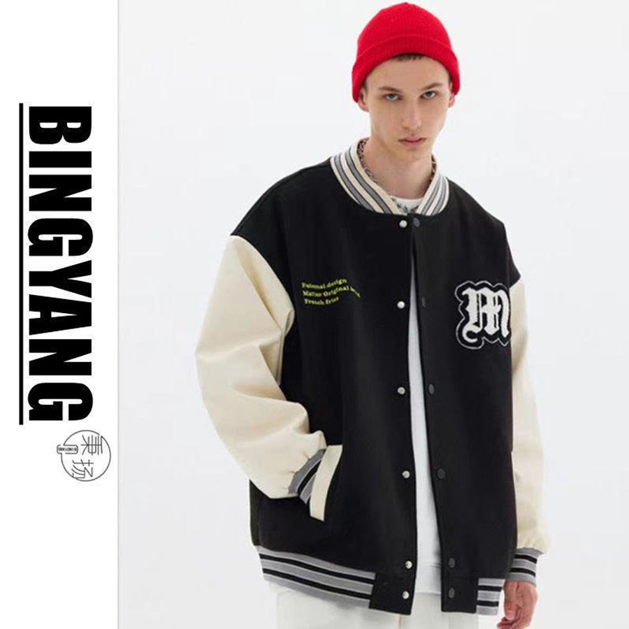 Áo varsity jacket Unisex Form rộng nỉ 2 lớp Hình thêu, in chữ M. Áo khoác bomber nam nữ Bóng chày