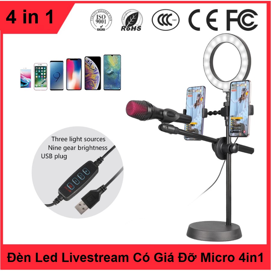 Bộ Đèn Led Livestream 3in1, 4in1, Có Giá Đỡ Micro, Kẹp Điện Thoại Livestream, Bán Hàng Online, Bảo Hành 3 Tháng