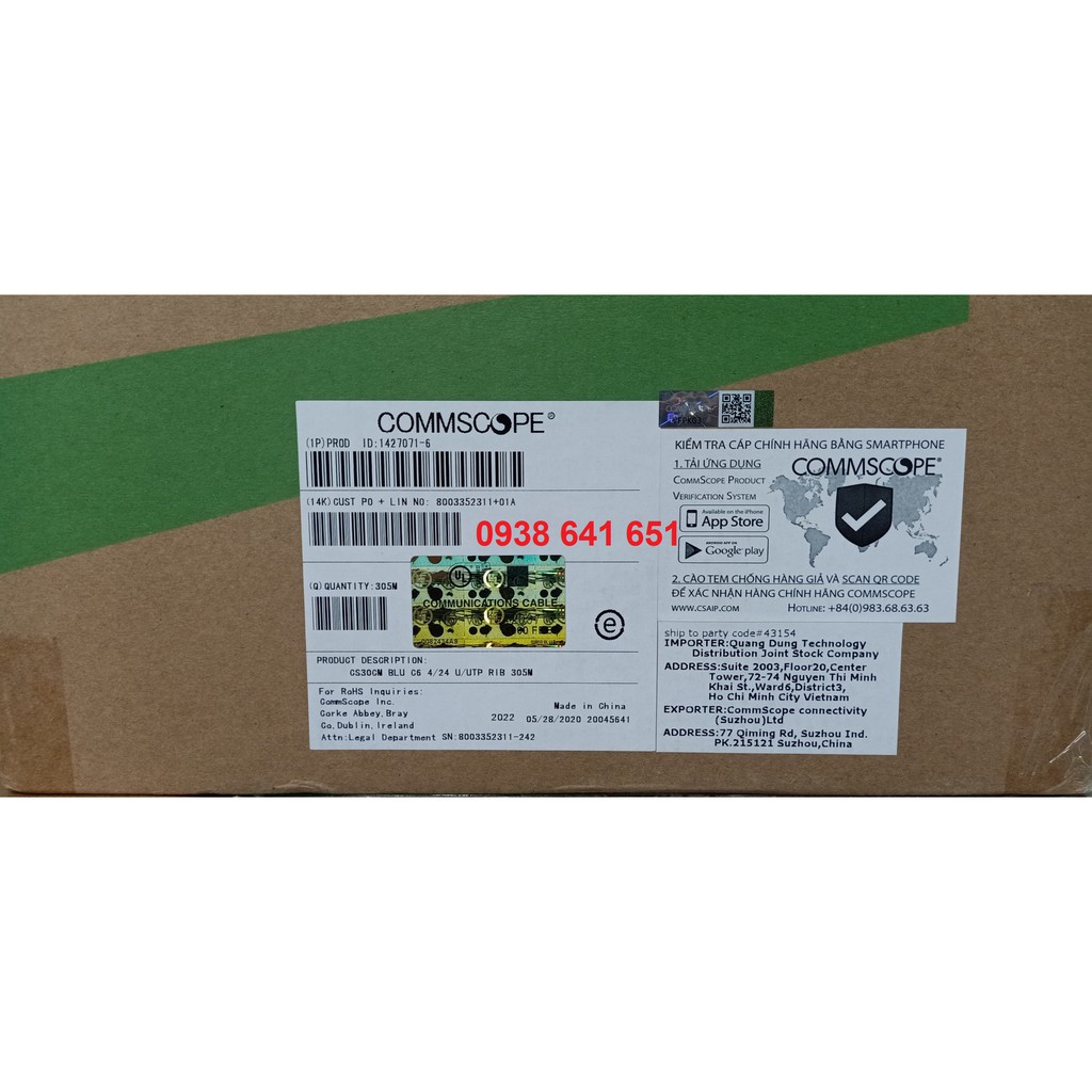 Dây cáp mạng Cat6 AMP  UTP màu xanh 1427254-6 hoặc 1427071-6 có CO, CQ. Hàng chính hãng