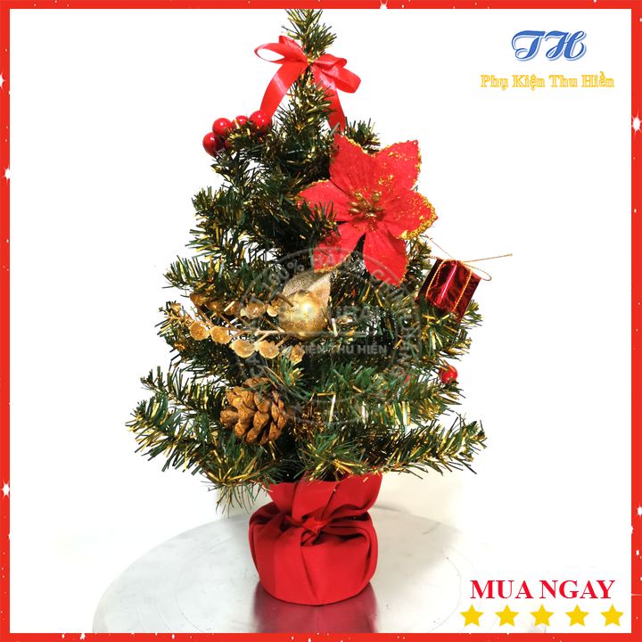 Cây thông noel mini để bàn 51cm Màu Xanh đế nhựa bọc vải đỏ trang trí giáng sinh cho nhà cửa, phòng khách, phòng ngủ