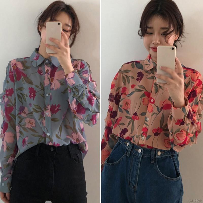 Áo Kiểu Vải Áo Sơ Mi Chiffon Tay Dài Cổ Chữ V Họa Tiết Hoa Phong Cách Hong Kong Dành Cho Nữ