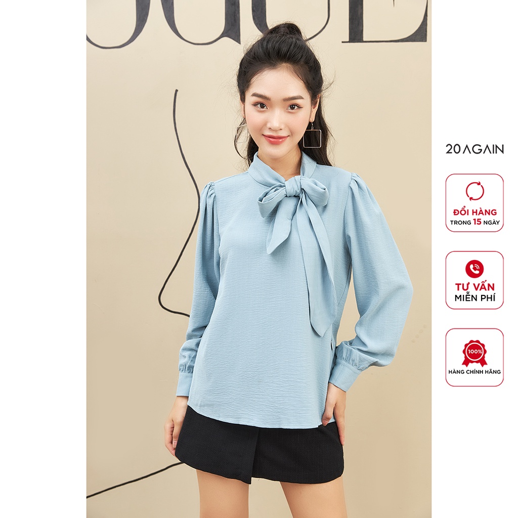 Áo sơ mi nữ dài tay cổ nơ 20AGAIN, thiết kế công sở thanh lịch ASA1773