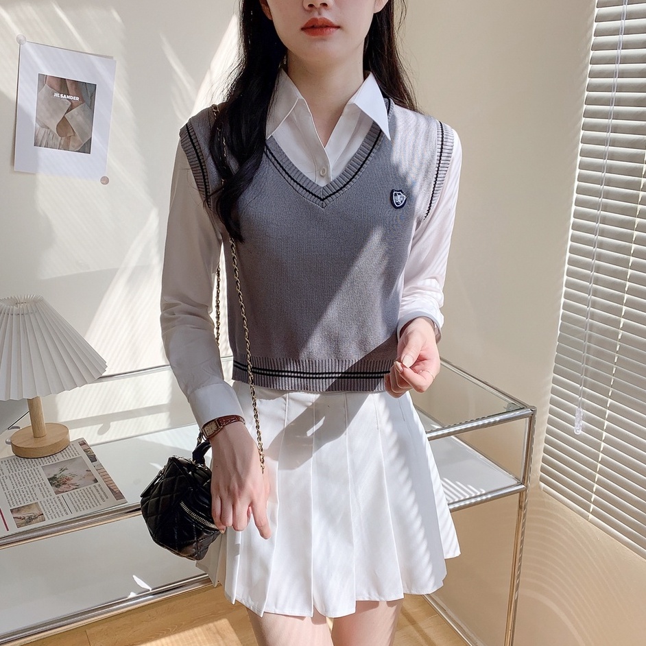 Áo Len Không Tay Dáng Rộng Phong Cách Preppy Dễ Phối Đồ