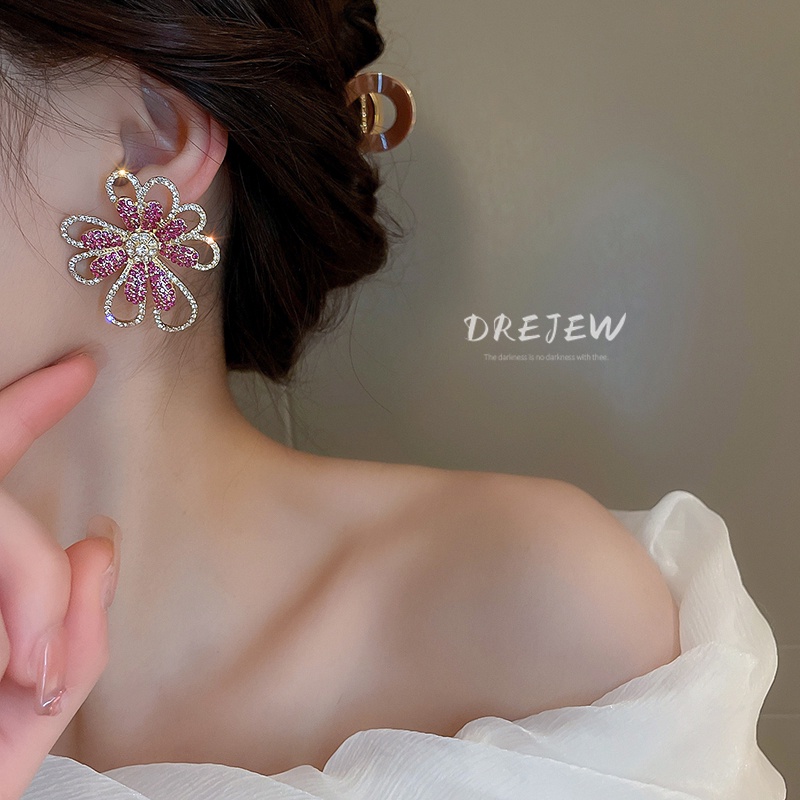 DREJEW Bông Tai Mạ Bạc Hình Hoa Đính Kim Cương Giả Phong Cách Âu Mỹ Sang Trọng