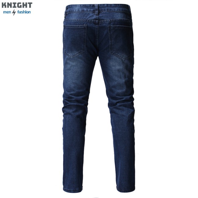 Men Jeans Denim Pencil Pants Zipper Shredded Trousers Blue Casual Dark Straight Fashion