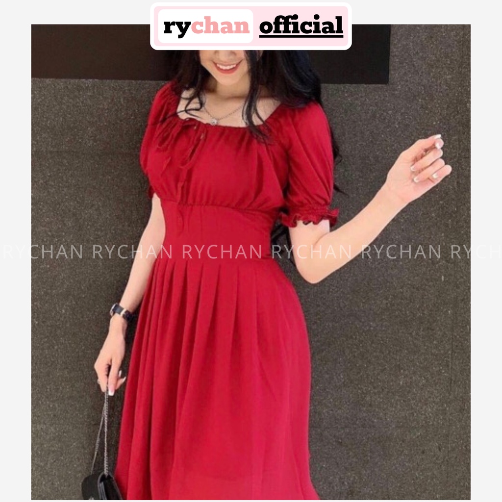 DX884 - Đầm Xòe Cổ Vuông Nơ Cổ Nhiều Màu Hình Thật Đầm Xòe Bánh Bèo Dập Ly