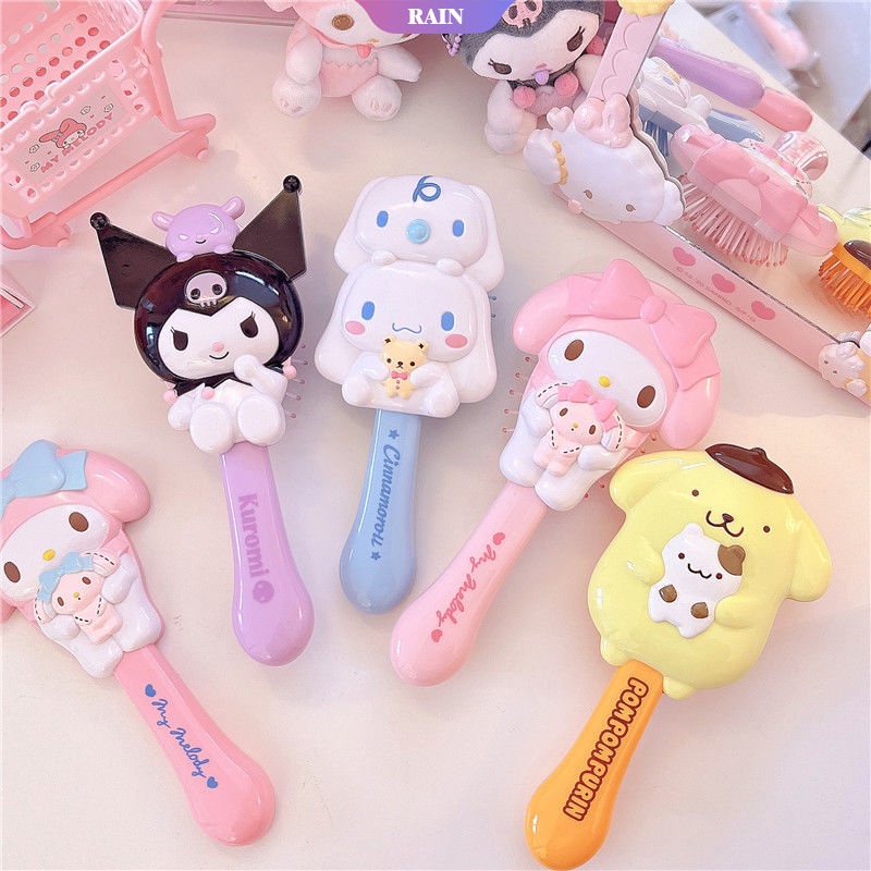SANRIO Lược Chải Tóc Massage Có Gương Cầm Tay Họa Tiết Hoạt Hình 3D Dễ Thương Cho Bé Gái