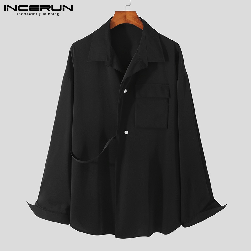 Áo sơ mi nam INCERUN tay dài trang trí dây có túi ở ngực phong cách Hàn Quốc thời trang