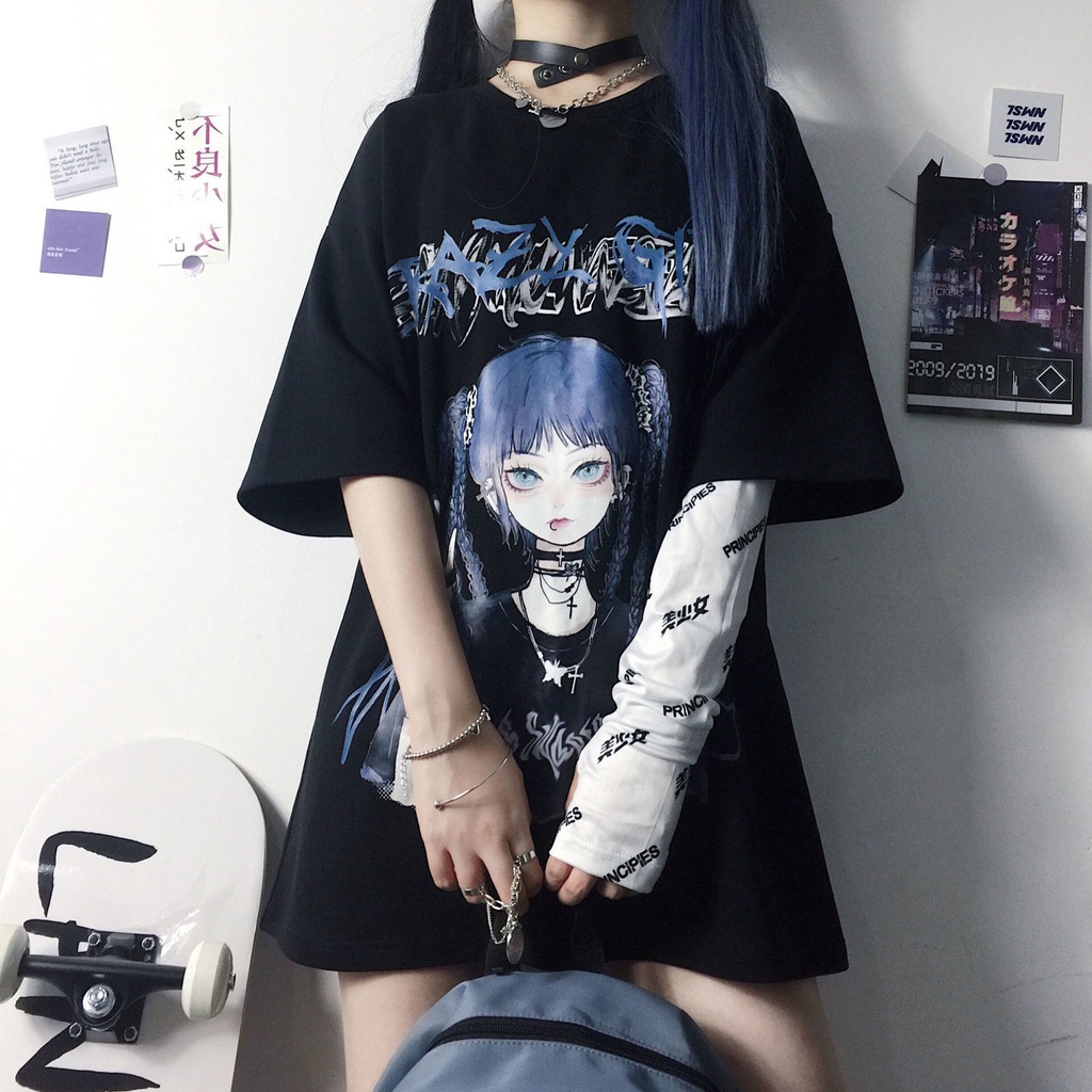 2022 New Hip-hop Short-sleeved Female Gothic Summer Harajuku Style JK Loose Dark Black Anime Large Size Top Ins Shirt