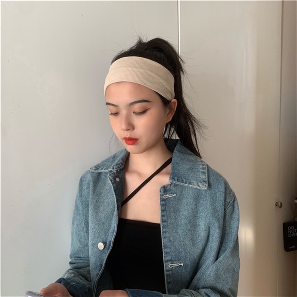 Women's Cotton Stretchy Headband Sport Knitted Solid Color Hair Band For Girl Striped Flat Elastic Hair Accessories