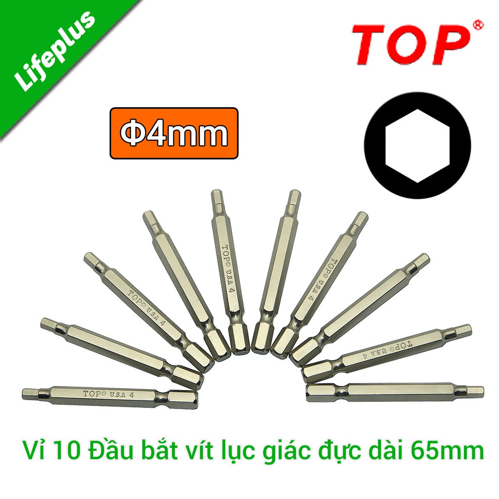 Vỉ 10 đầu bắt vít lục giác đực 4mm dài 65mm TOP