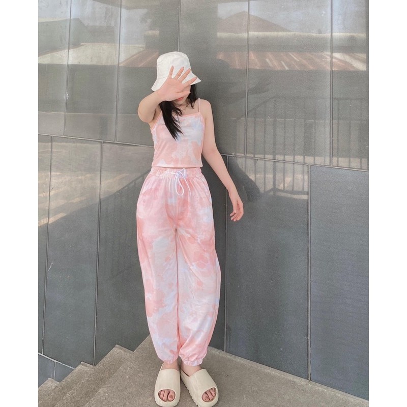 Set Hè Áo Croptop Hai Dây Jogger Loang Cam Đào Ảnh Thật