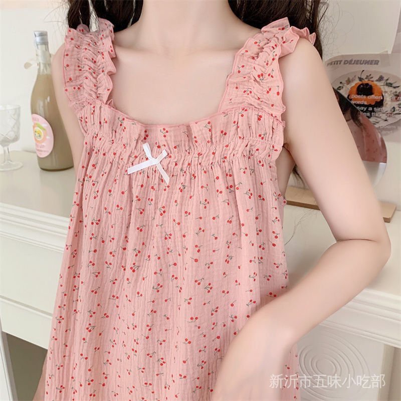 Bộ đồ ngủ mùa hèĐầm Ngủ Hai Dây In Hoa Và Quả Cherry Dễ Thương Thời Trang Mùa Hè 2022