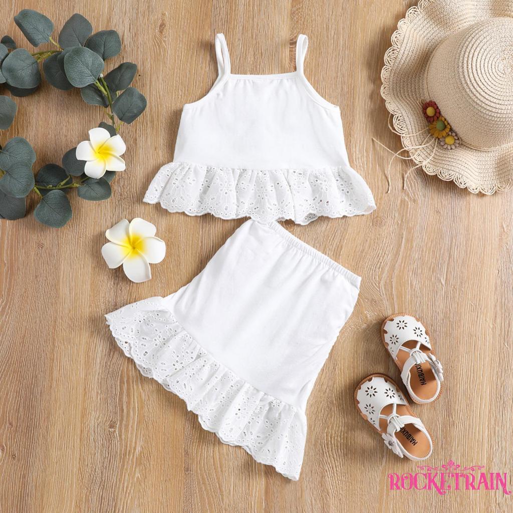 ◑Zc☆Set Đồ Mùa Hè 2 Món Gồm Áo Hai Dây Viền Ren Có Diềm Xếp Nếp + Chân Váy Cho Bé Gái