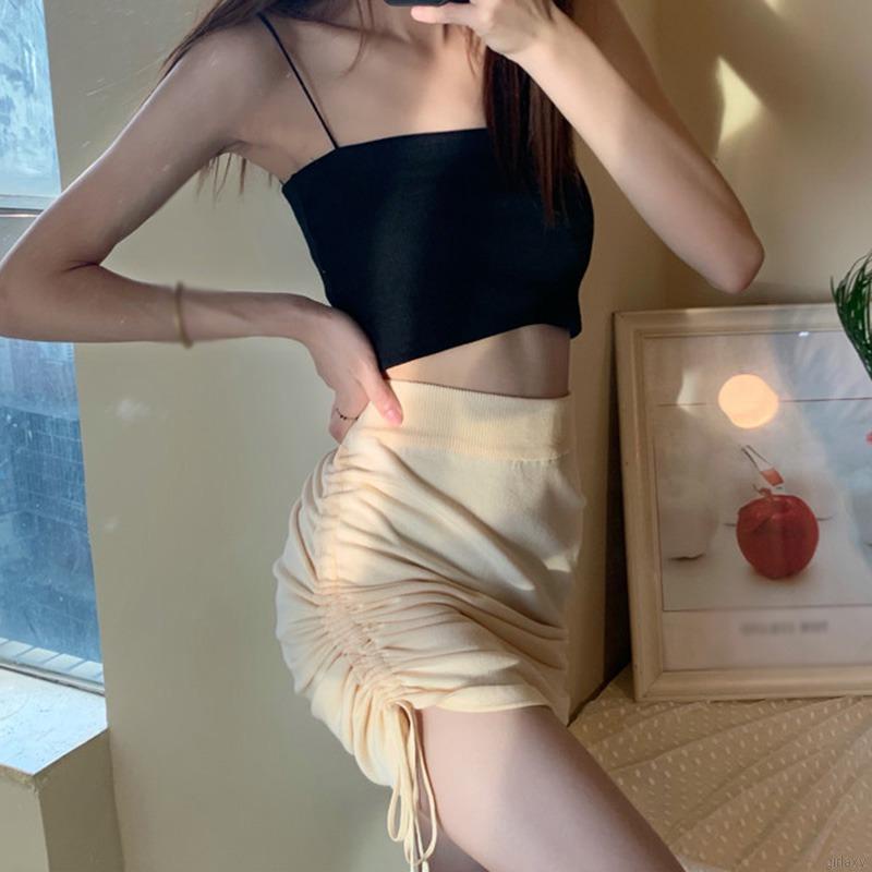 Chân Váy Dệt Kim Ngắn Lưng Cao Co Giãn Màu Sắc Trơn Phối Dây Rút Phong Cách Hàn Quốc Cho Nữ