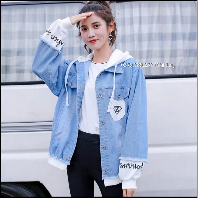 Áo khoác jean nữ có mũ BB cao cấp form rộng ngôi sao tinh tú Chiwawa shop 75