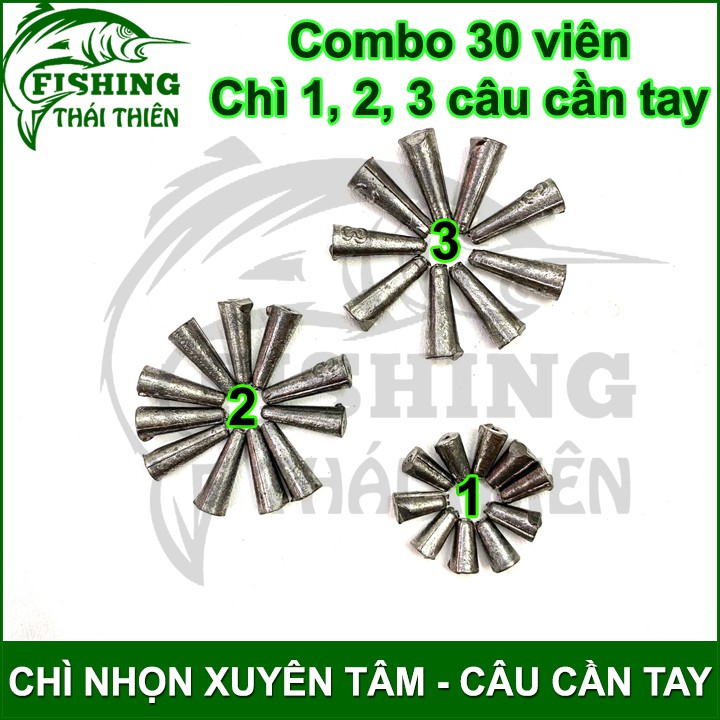 Combo 30 viên chì câu cá, chì nhọn xuyên tâm chuyên dùng câu cần tay chì 1g, 2g, 3g