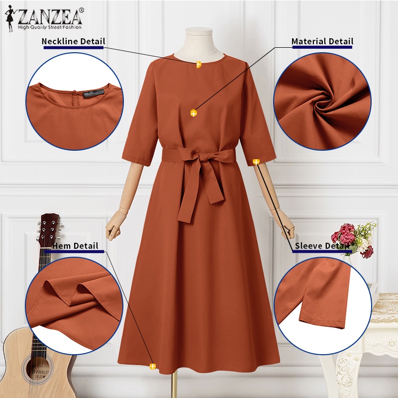 Đầm midi ZANZEA dáng chữ a tay lửng phối thắt lưng thời trang đường phố châu Âu cho nữ