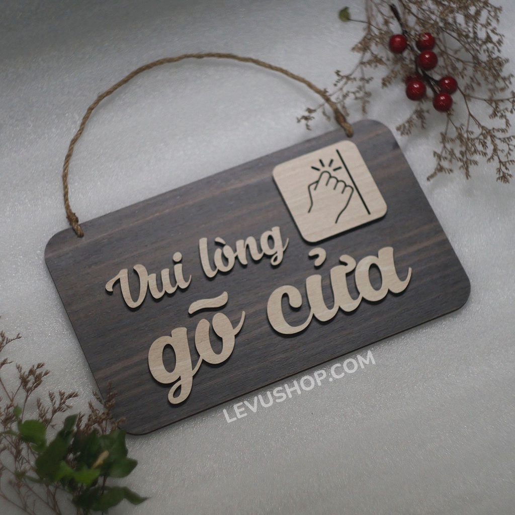 Bảng Gỗ Vui Lòng Gõ Cửa có dây treo trang trí decor vintage
