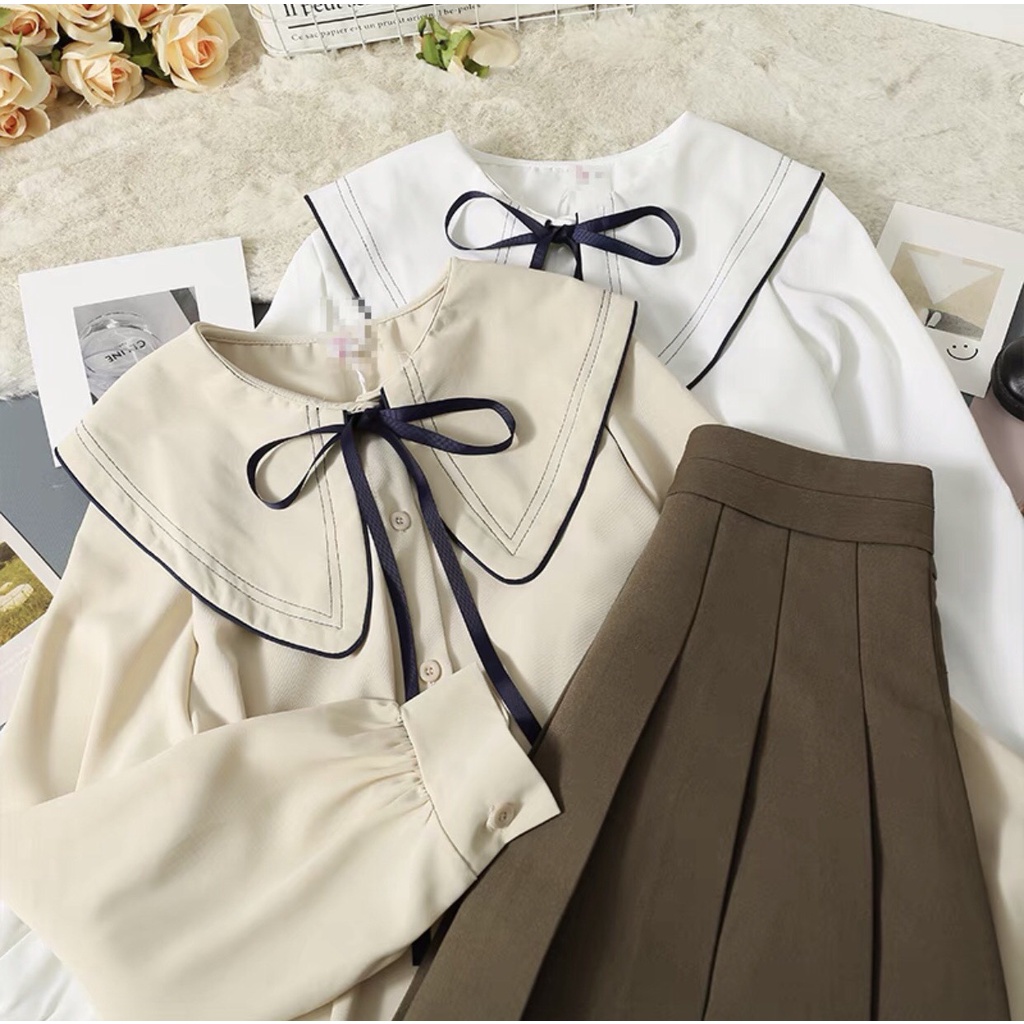 [Ảnh Thật] Áo Sơ Mi Cổ Bèo Viền Chỉ Thắt Nơ 2 Màu Ulzzang