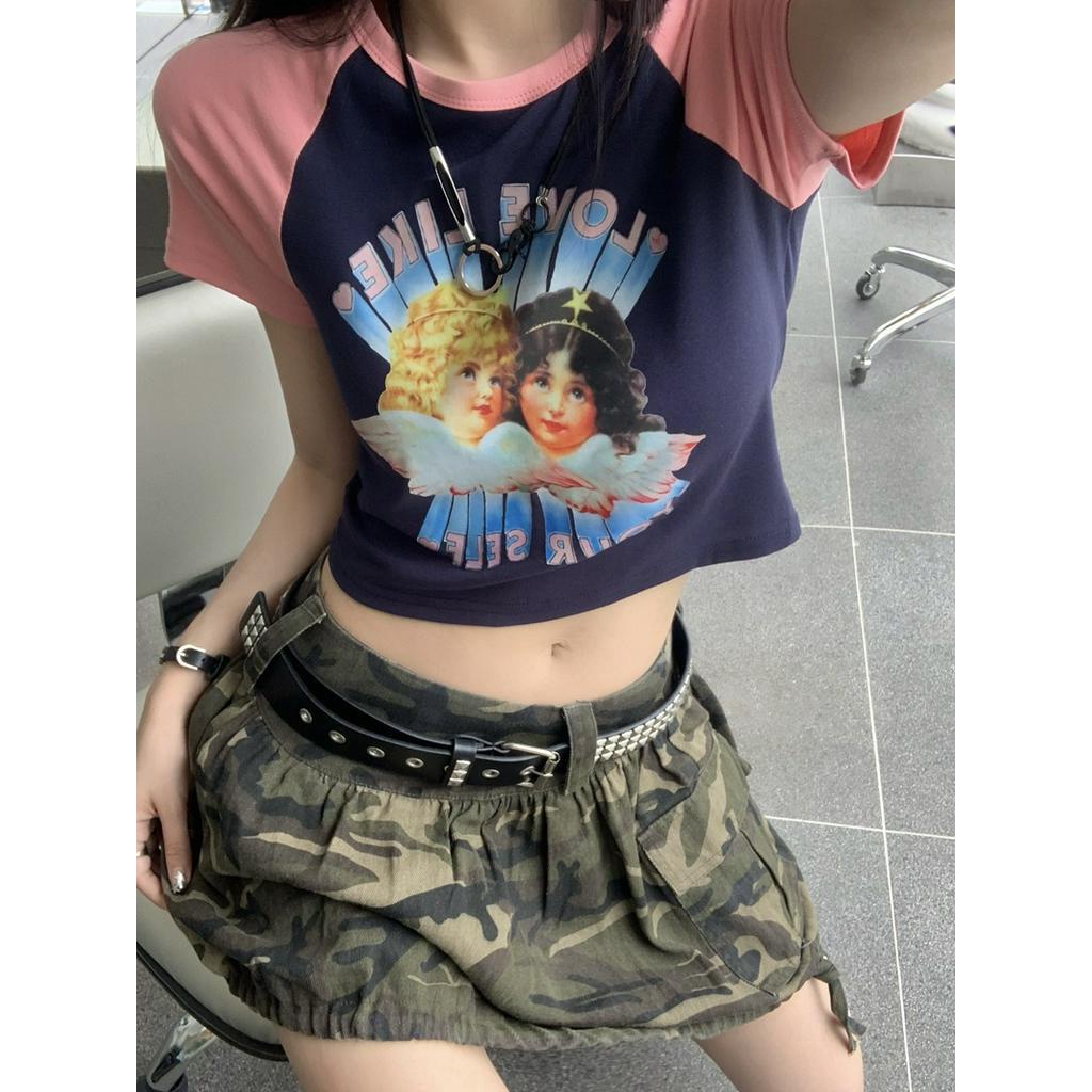 Áo Thun Dáng Ôm Ngắn Tay In Thiên Thần Màu Sắc Tương Phản Thời Trang Cá Tính 62810