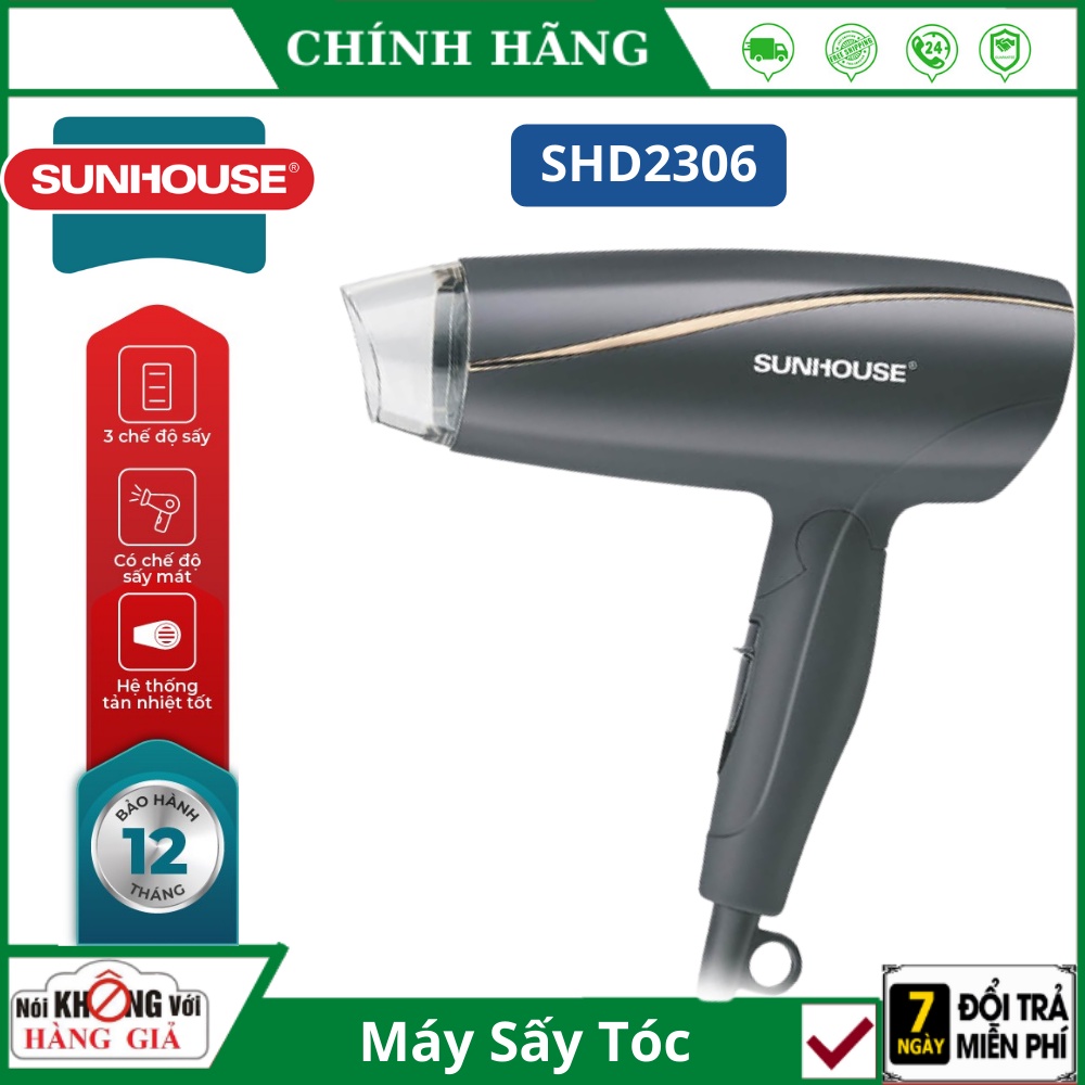 Máy Sấy Tóc SUNHOUSE SHD2306 Đen - Máy Sấy Tóc 3 Chế Độ ,Bảo Vệ Tóc Khỏi Hư Tổn - Hàng Chính Hãng