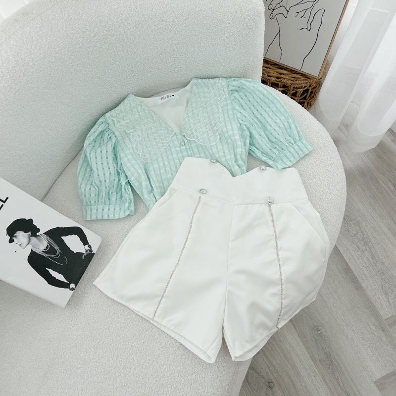 SET ÁO Ô NHÍ XANH CỔ REN + QUẦN SHORT TRẮNG