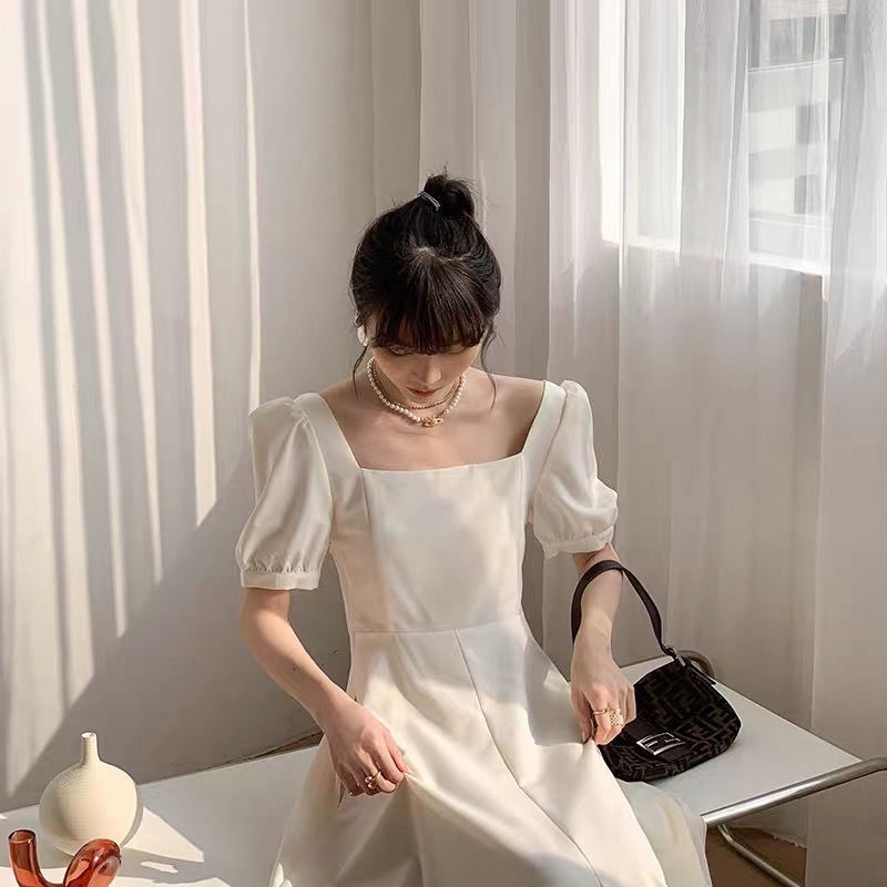 Đầm Đen Cổ Vuông Tay Phồng Thời Trang Mùa Hè Pháp 2022 Cho Nữ