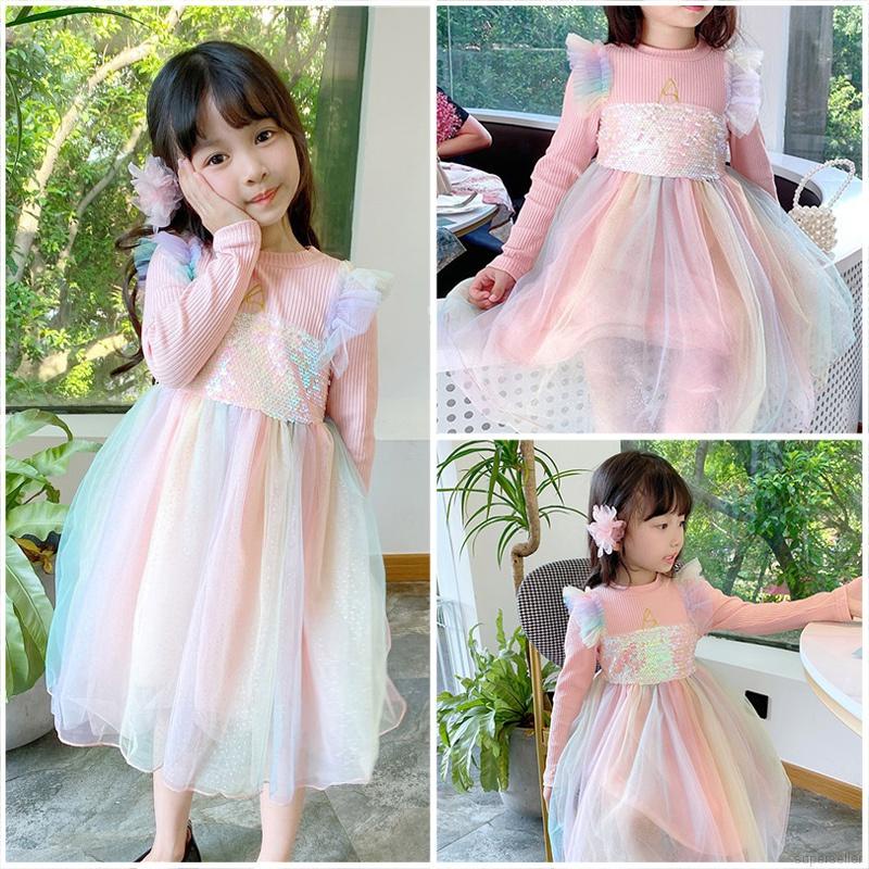Đầm công chúa đuôi cá tay dài màu cầu vồng cho bé gái