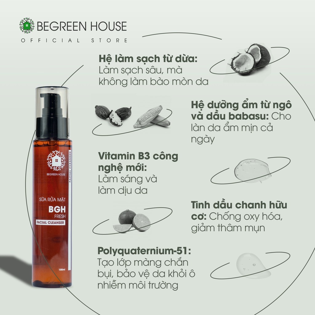 Combo 3 Sữa rửa mặt BEGREEN HOUSE  100ml làm sạch bụi bẩn, bã nhờn dưỡng ẩm