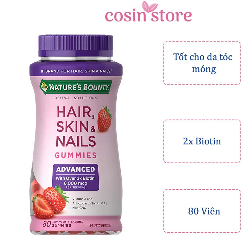 Kẹo Dẻo Nature's Bounty Hair Skin Nails Gummies 80 viên 2X Biotin Hương dâu  Hỗ Trợ Đẹp Da Móng Tóc Cosin Store | Shopee Việt Nam