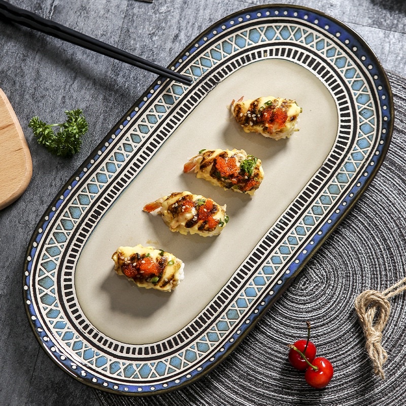Lẻ Bộ chén bát đĩa sứ họa tiết thổ cẩm cao cấp sang trọng màu trầm xanh đen men ngà họa tiết khắc nổi Châu Âu