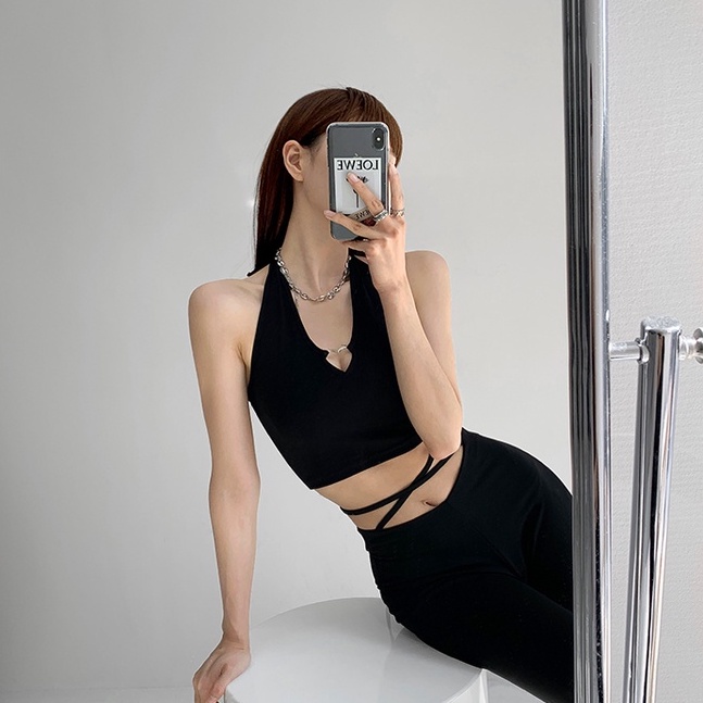 【ZHELIHANGFEI】 / cool Girl Áo Hai Dây Dáng Ngắn Hở Rốn Phối Hình Trái Tim Kim Loại Rỗng Phong Cách Cá Tính Dành Cho Bạn Gái