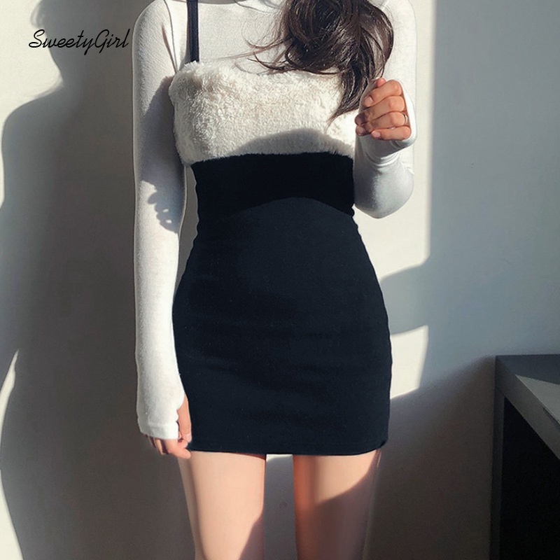 Đầm ôm dáng cổ chữ V hở lưng phối lông màu tương phản thời trang cho nữ