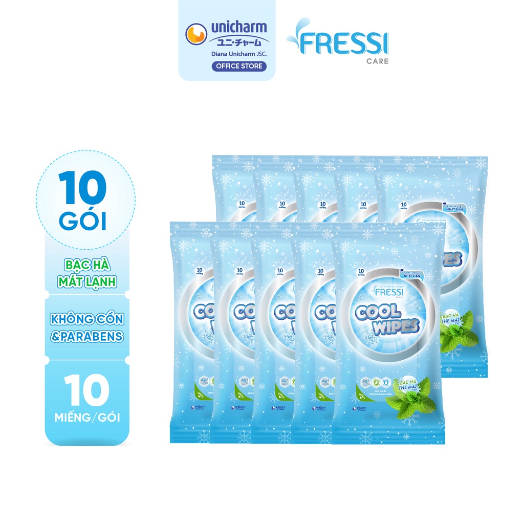 Combo 10 gói khăn ướt chăm sóc da Fressi Care Cool gói 10 miếng