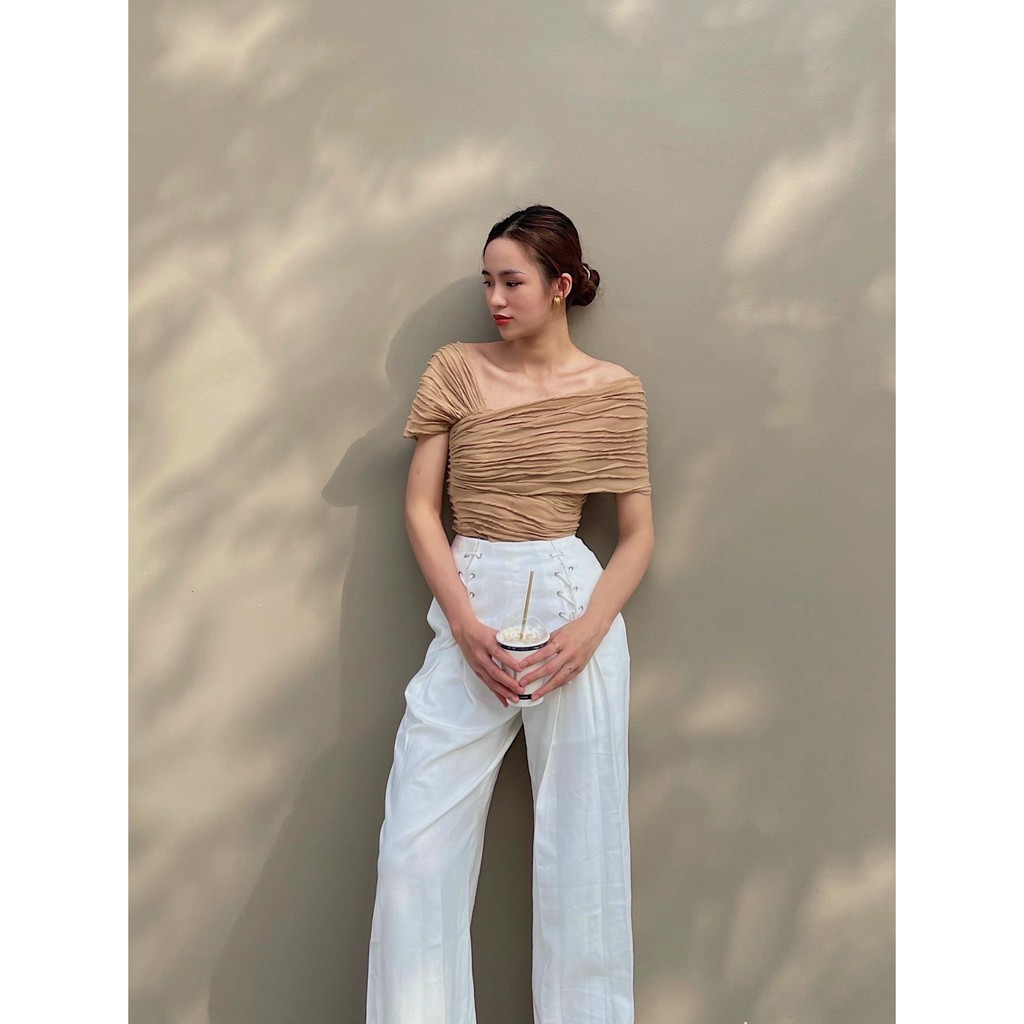 MOLLYNISTA - Áo Fuzzy  thun vân nổi chéo vai thanh lịch nữ tính thiết kế cao cấp form ôm tôn dáng