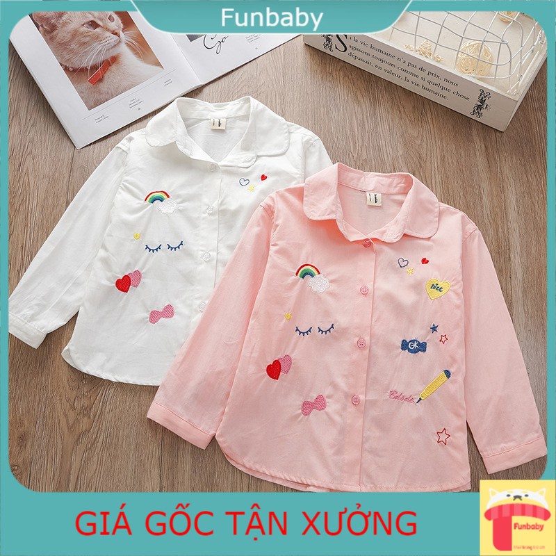 Áo sơ mi cho bé gái dài tay 3-12 tuổi thêu nhiều hình, Sơ mi trẻ em chất liệu vải thô cao cấp kiểu dáng thời trang