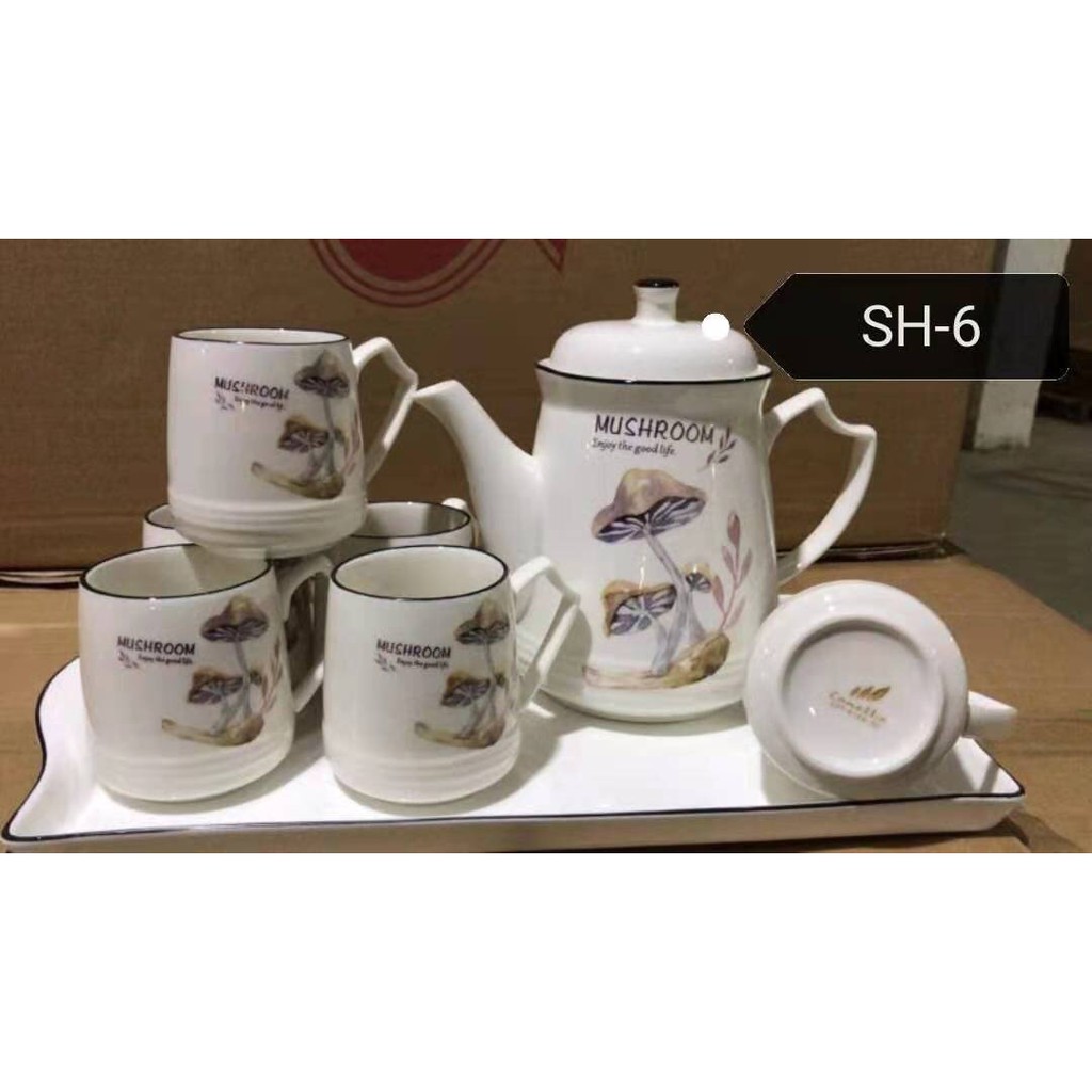 Bộ bình 6 cốc kèm khay sứ xương hàng cao cấp