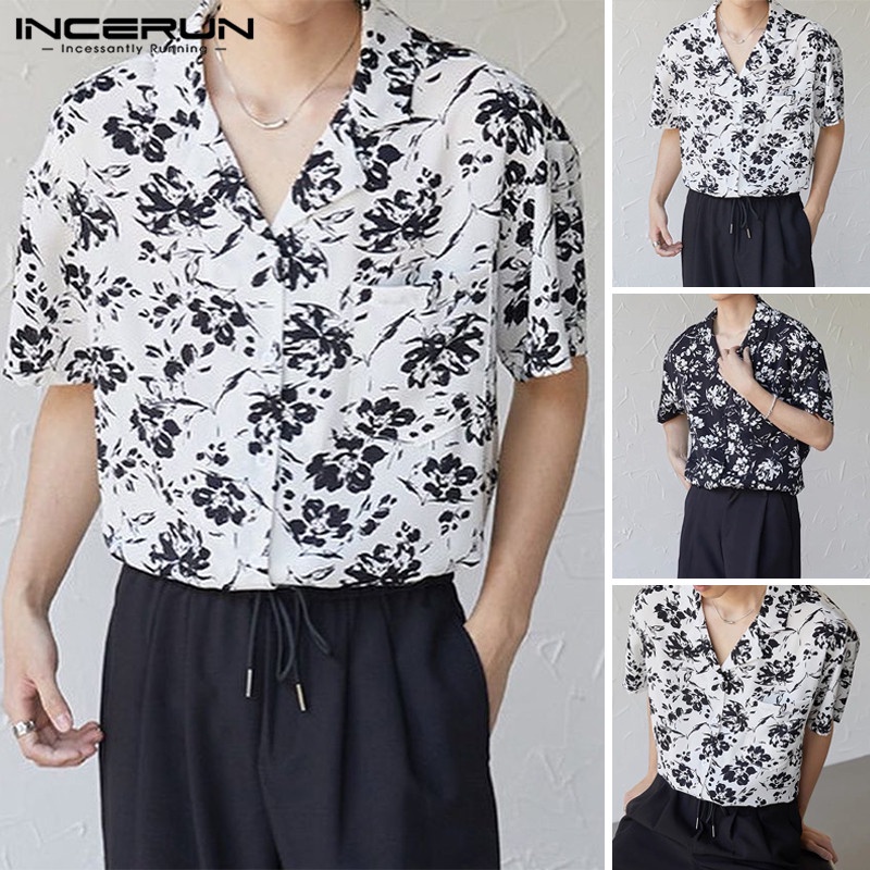 Áo sơ mi INCERUN ngắn tay in hoa phong cách vintage hawaii trẻ trung cho nam