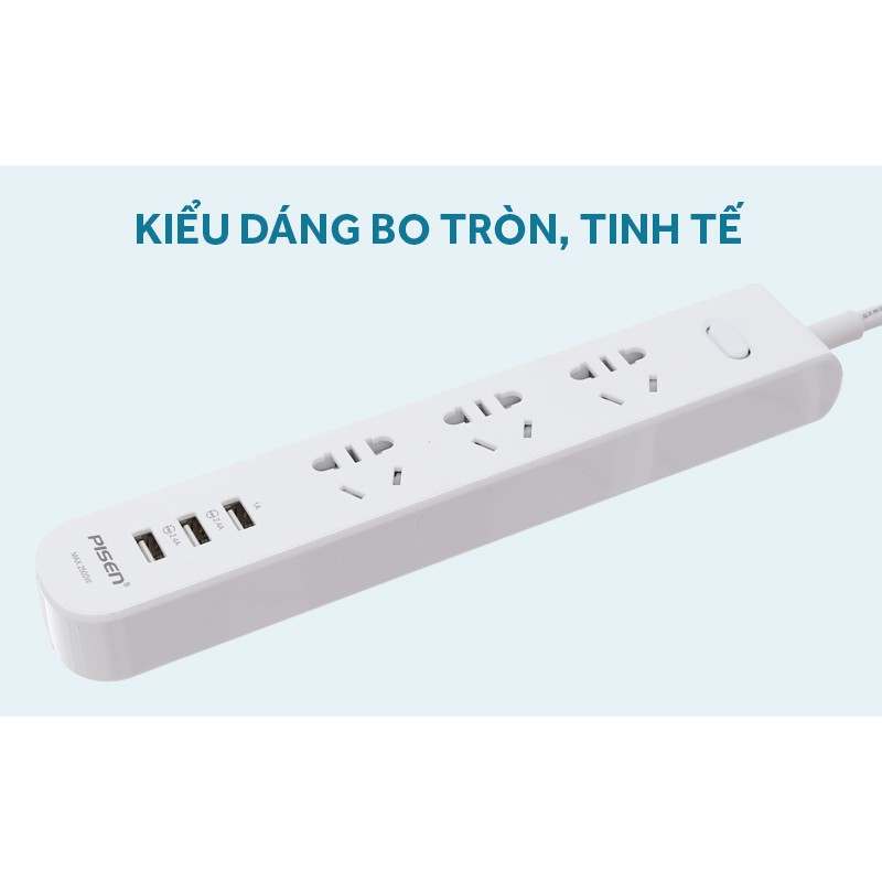 CHÍNH HÃNG Ổ cắm điện thông minh PISEN.SS đa năng 3 Cổng Sạc Usb 3 cổng AC Smart Socket KY-33 /303 1.8m