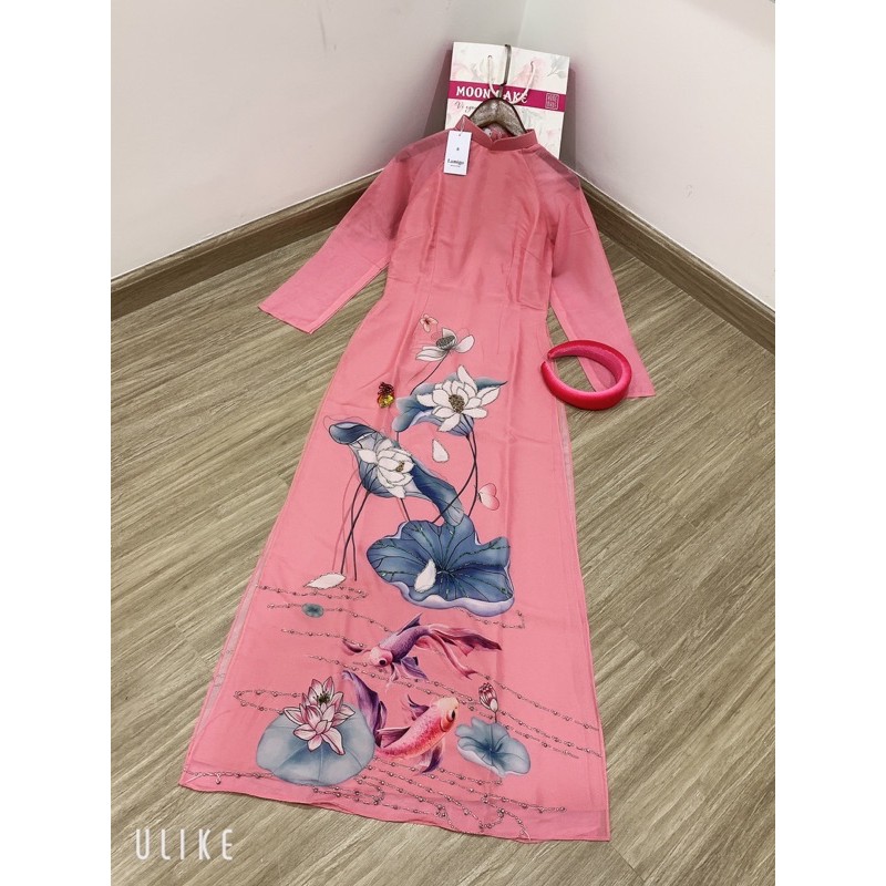 Áo dài 4 tà chất tơ ý mềm cao cấp đính cườm hoạ tiết hồng sen