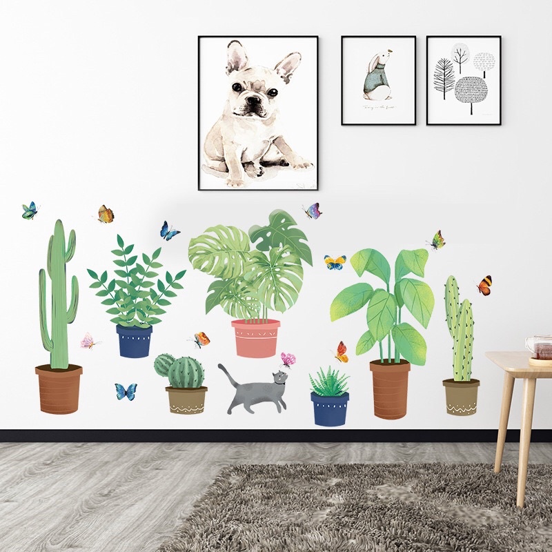 Decal dán tường chậu cây xanh và mèo
