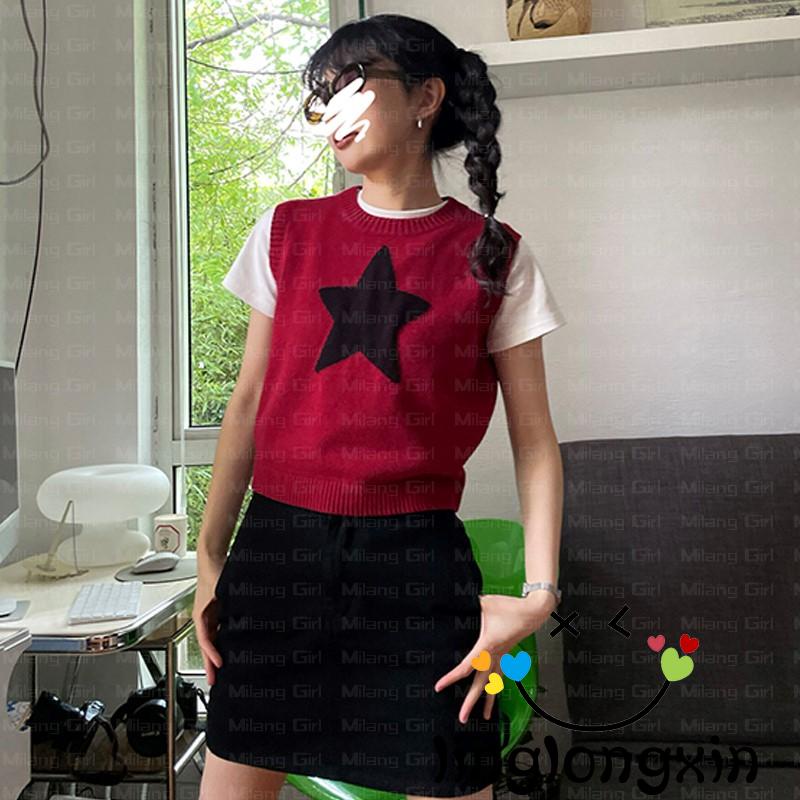 Áo Sweater Dệt Kim Sát Nách Cổ Tròn In Hình Ngôi Sao Thời Trang Thu Đông Retro Cho Nữ Linglongxi2-Y2K