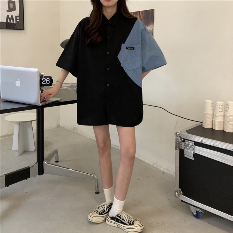 「 WELOVE1 」Áo sơ mi tay ngắn dáng rộng tùy chọn màu sắc phong cách retro Mỹ thời trang dành cho nữ